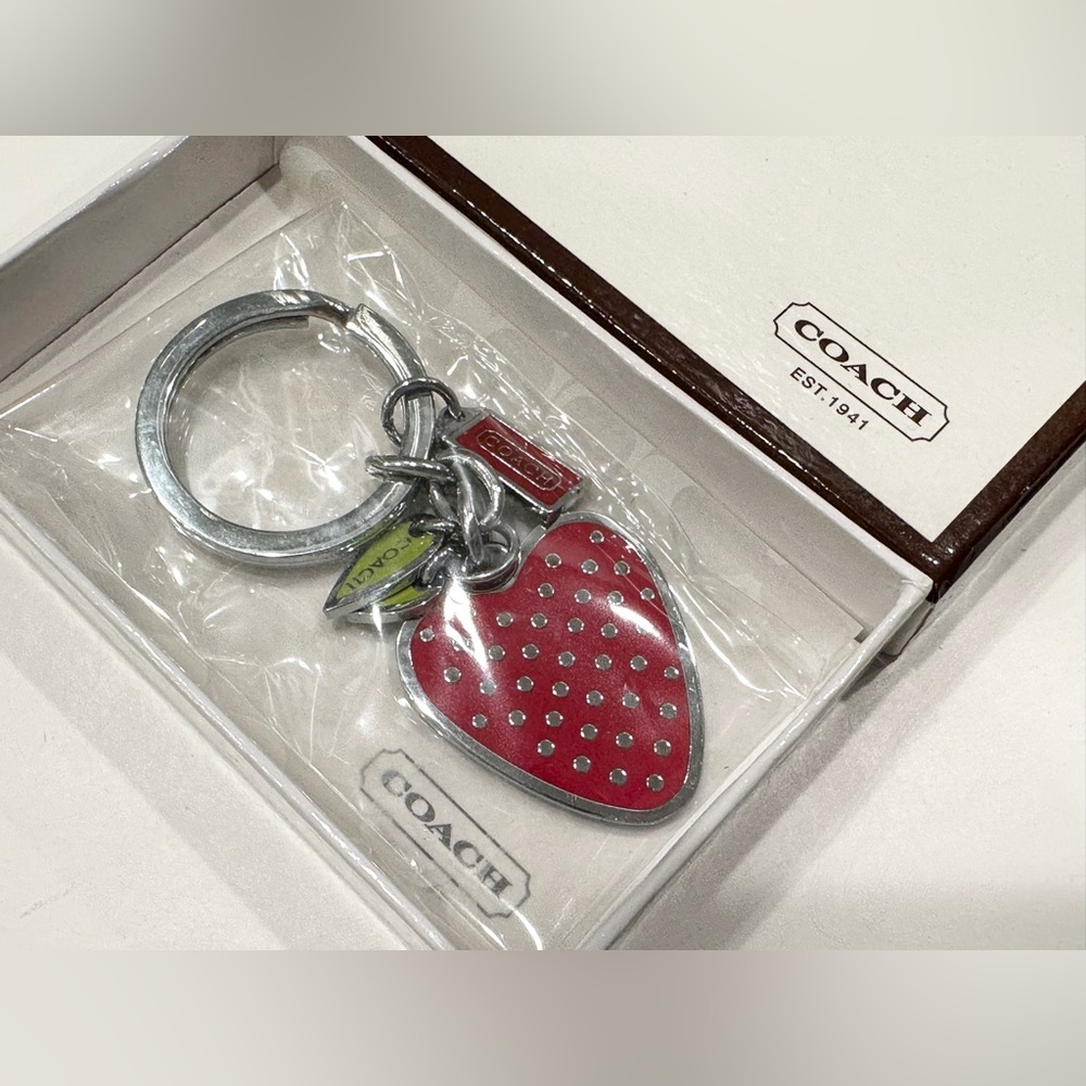 Coach Strawberry Silver Metal Hardware Keychain Fob NIB